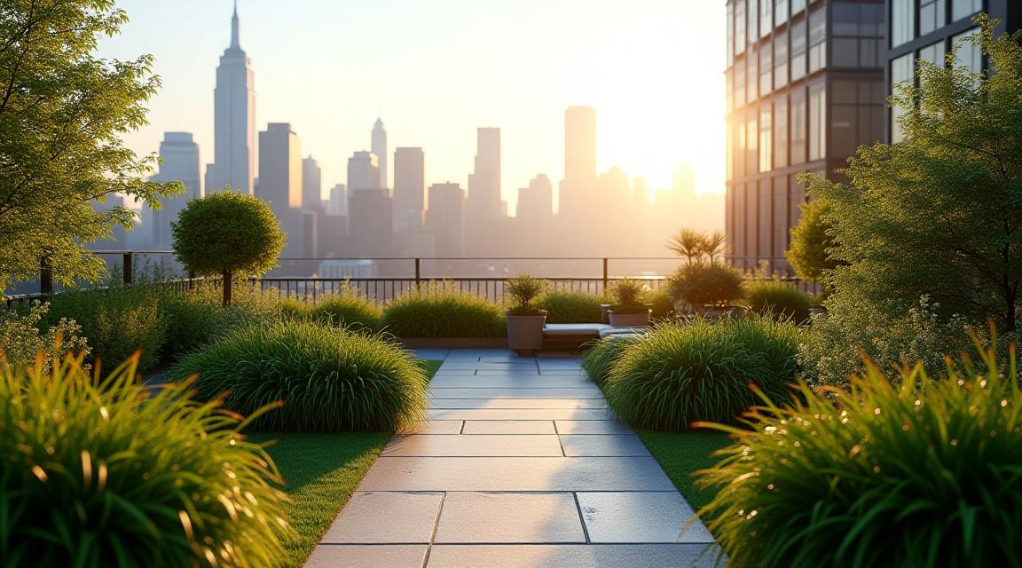 A luxury rooftop garden in New York City with lush greenery and skyline views